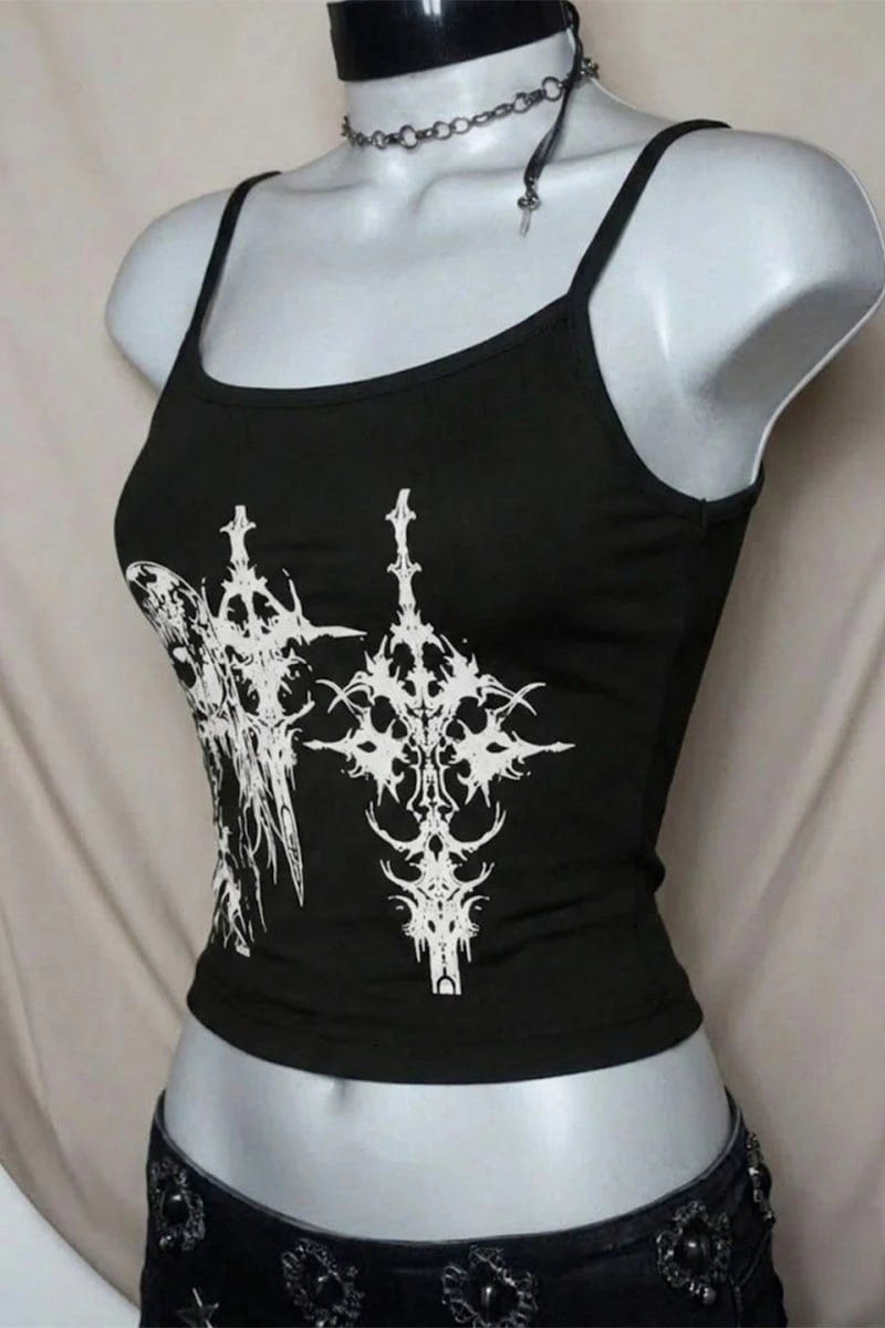 Siyah Anime Sword Gotik Y2K Askılı Crop