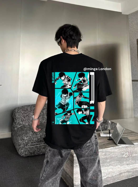 Siyah Blue Lock Rin Itoshi Player Sırt Baskılı Oversize T-shirt