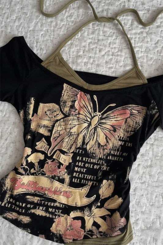 Siyah Butterfly Madonna Yaka Ek Askılı Y2K Kısa Kollu Full Body Crop