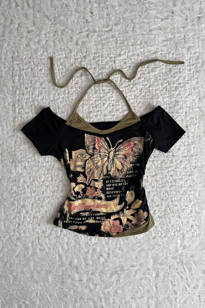 Siyah Butterfly Madonna Yaka Ek Askılı Y2K Kısa Kollu Full Body Crop