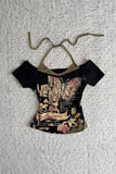 Siyah Butterfly Madonna Yaka Ek Askılı Y2K Kısa Kollu Full Body Crop