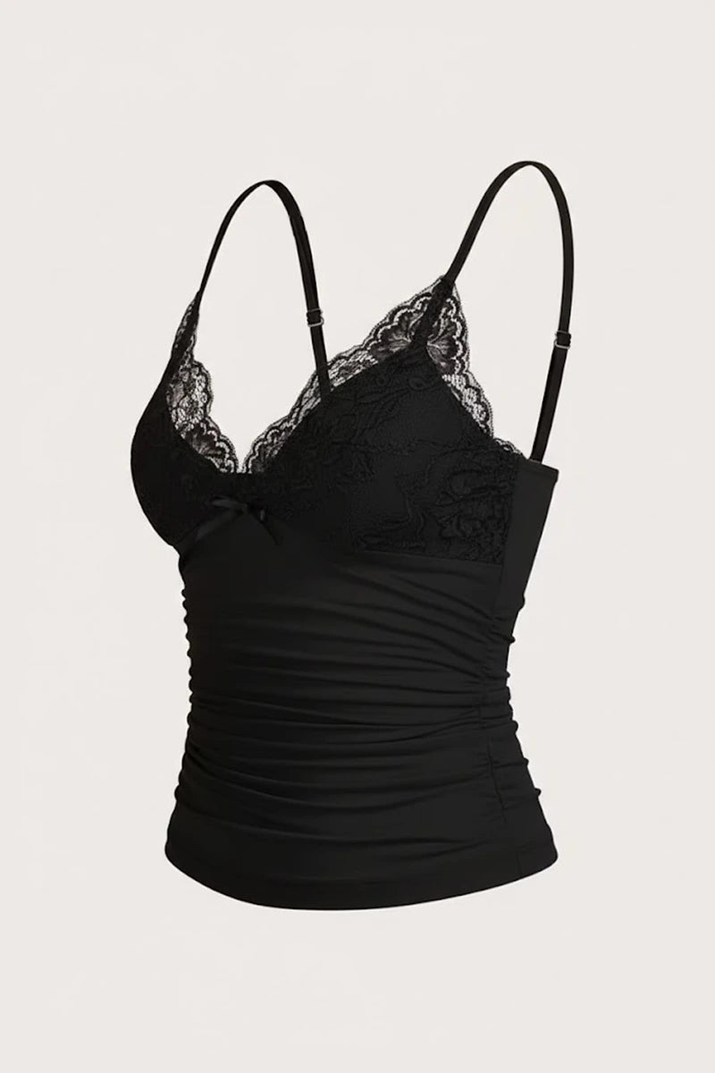 Siyah Dantel Detaylı Fiyonklu Y2K Askılı Crop
