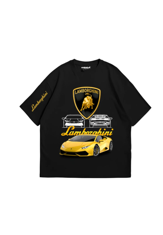 Siyah Gold Lamborghini Ön Ve Kol Baskılı Oversize Tshirt