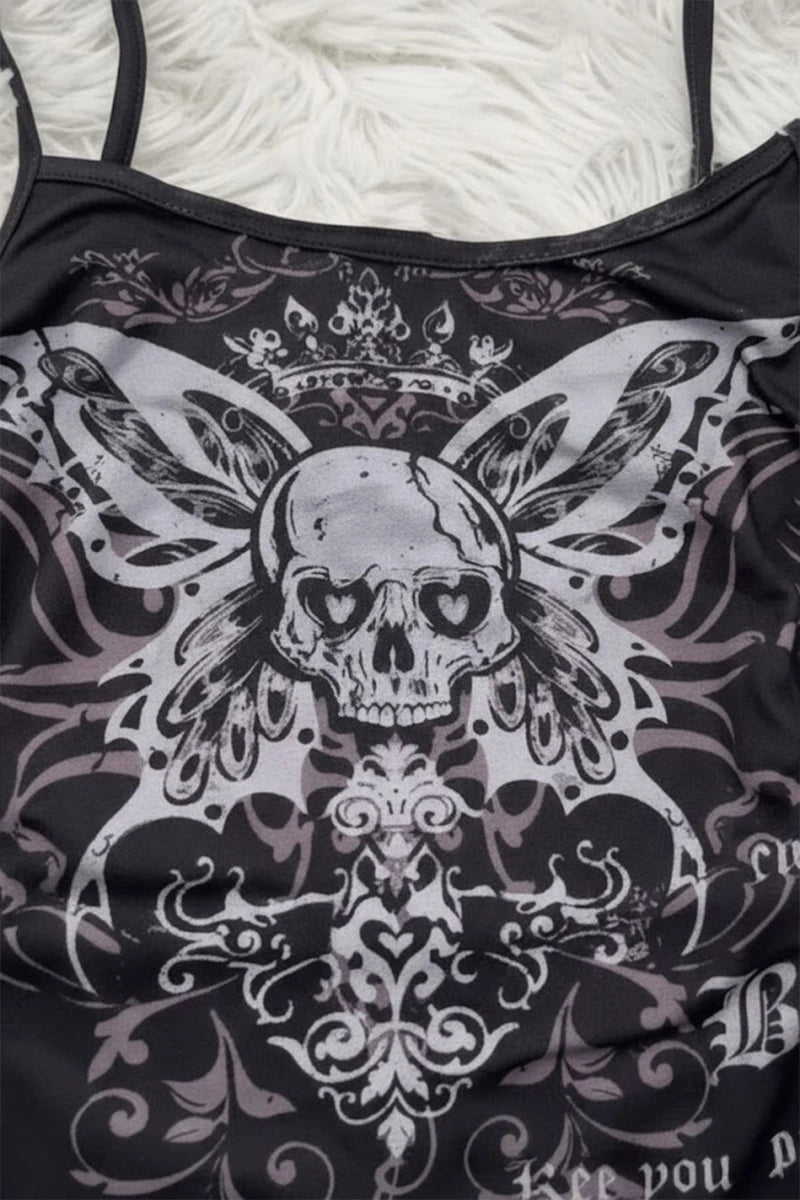Siyah Gotik Skull Butterfly Wings Y2K Askılı Crop