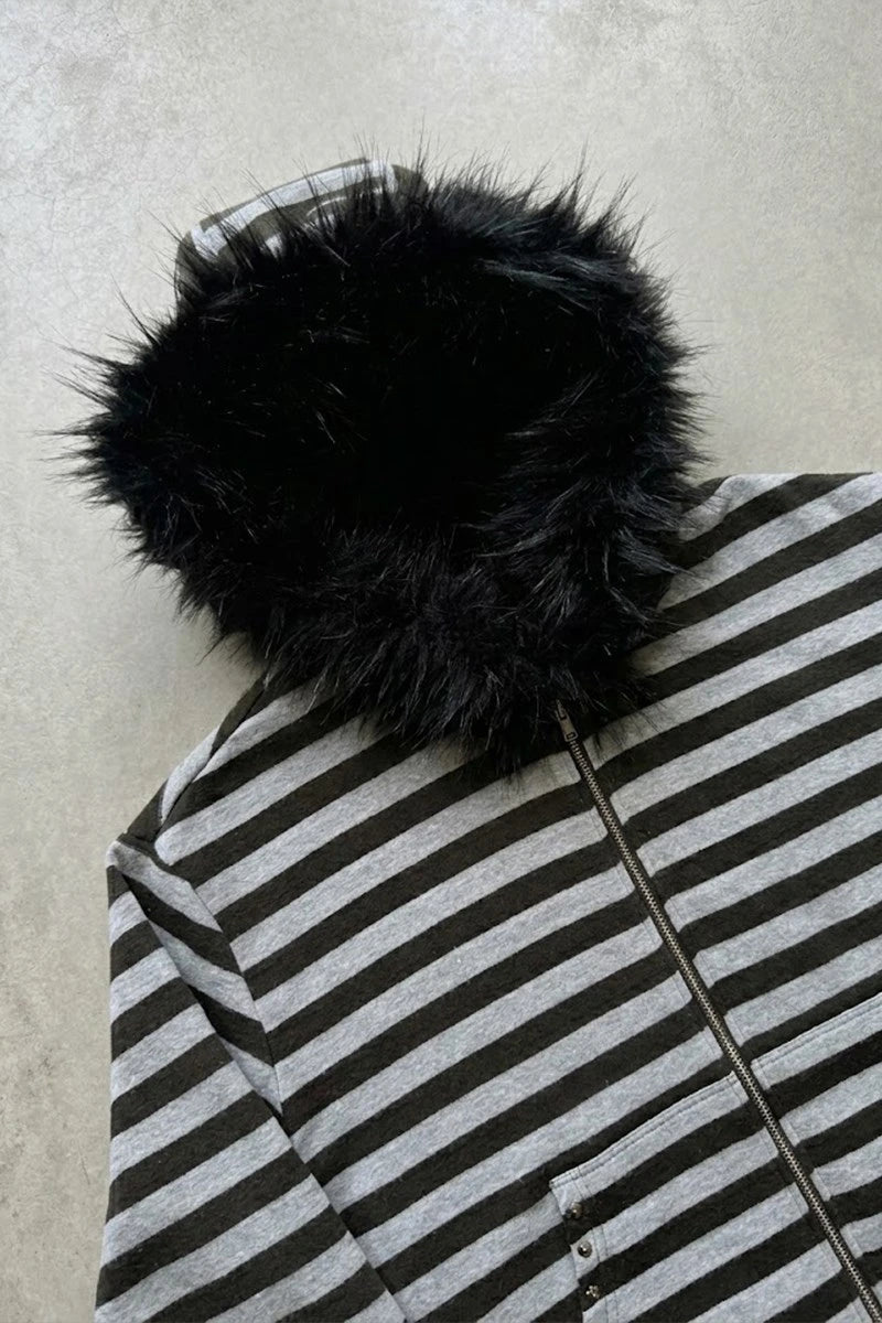 Siyah Gri Çizgili Kürklü Kapüşonlu Unisex Hırka