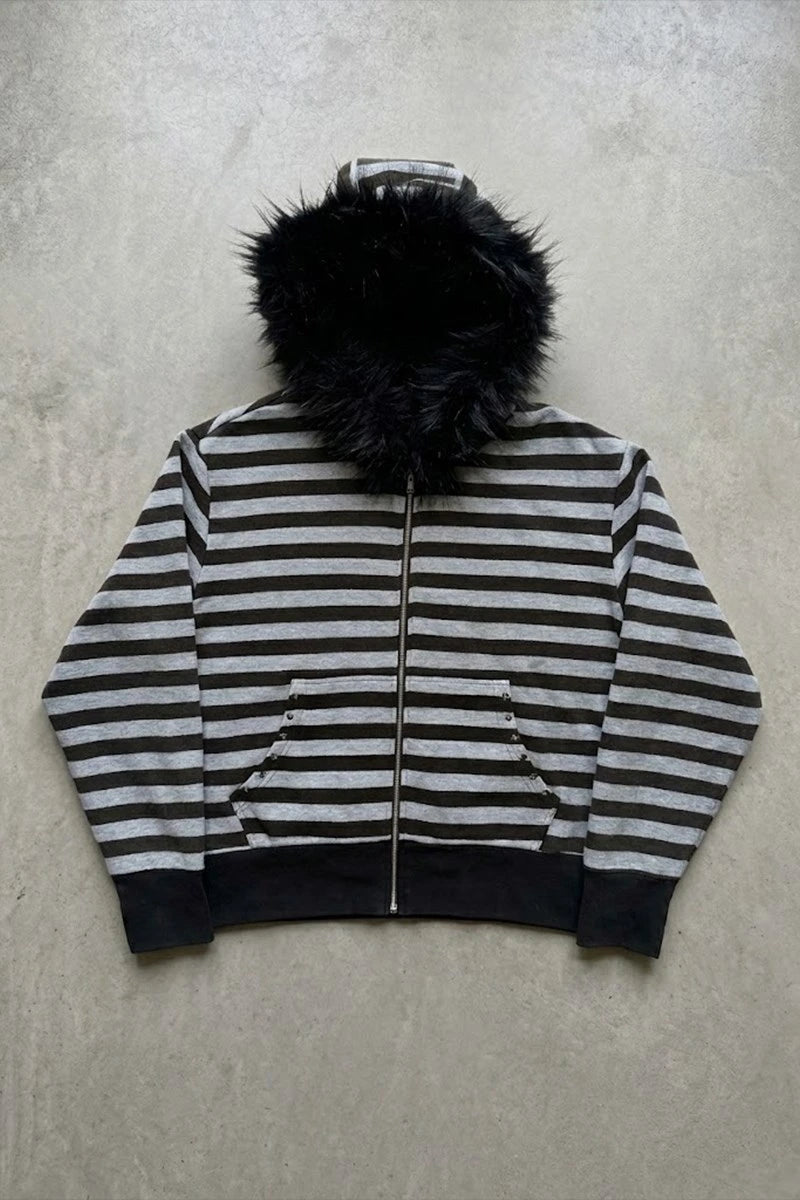 Siyah Gri Çizgili Kürklü Kapüşonlu Unisex Hırka