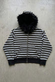 Siyah Gri Çizgili Kürklü Kapüşonlu Unisex Hırka