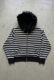Siyah Gri Çizgili Kürklü Kapüşonlu Unisex Hırka