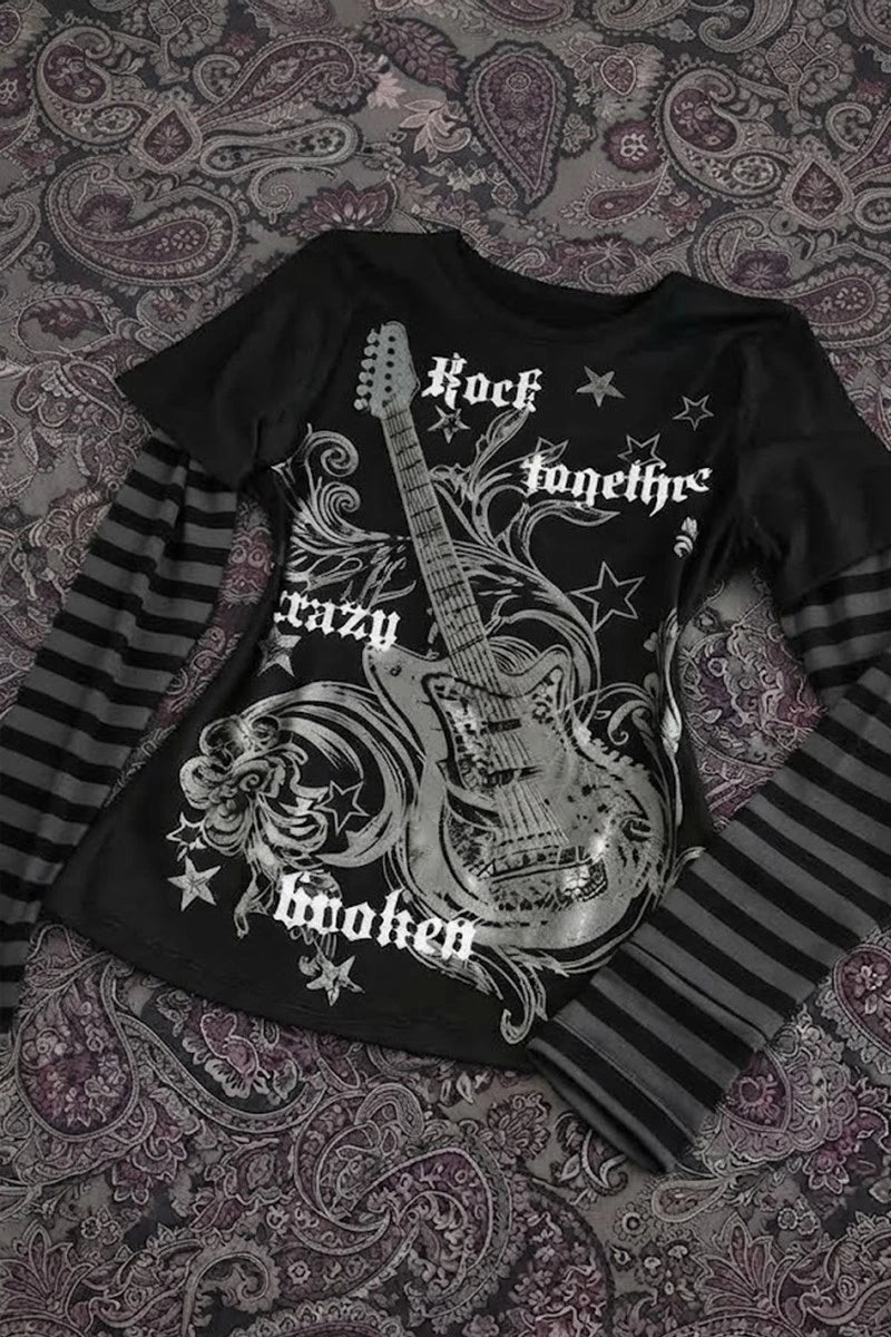 Siyah Guitar Siyah Antrasit Kollu Çizgili Y2K Uzun Kollu