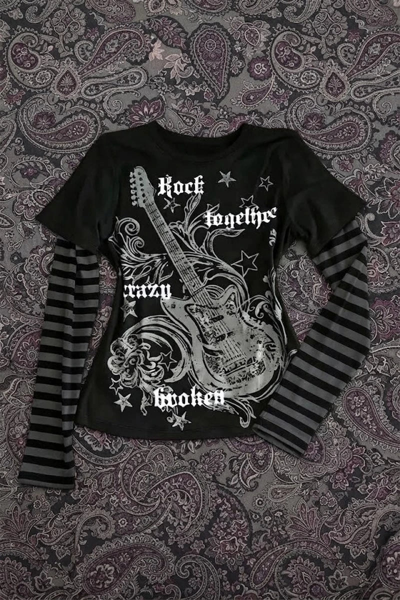 Siyah Guitar Siyah Antrasit Kollu Çizgili Y2K Uzun Kollu