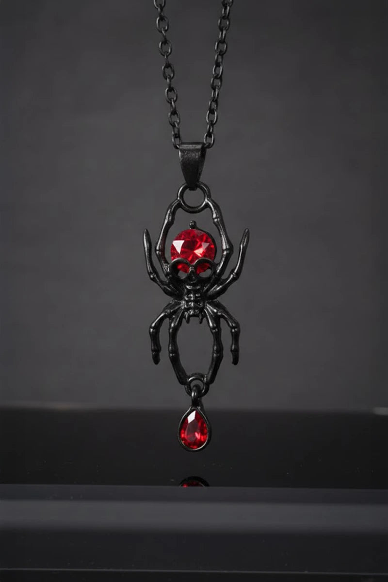 Siyah Kırmızı Damla Taşlı Gotik Spider Kolye