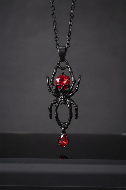 Siyah Kırmızı Damla Taşlı Gotik Spider Kolye