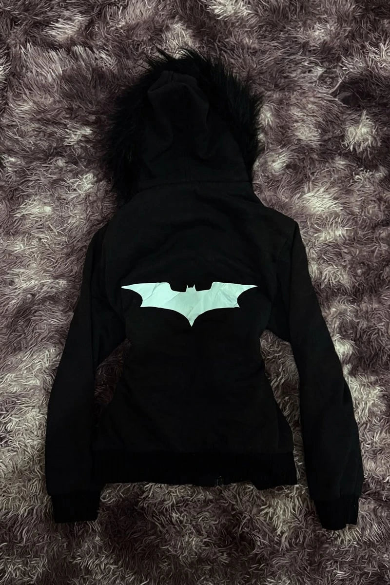 Siyah Kürklü Batman Yarasa Y2K Crop Hırka