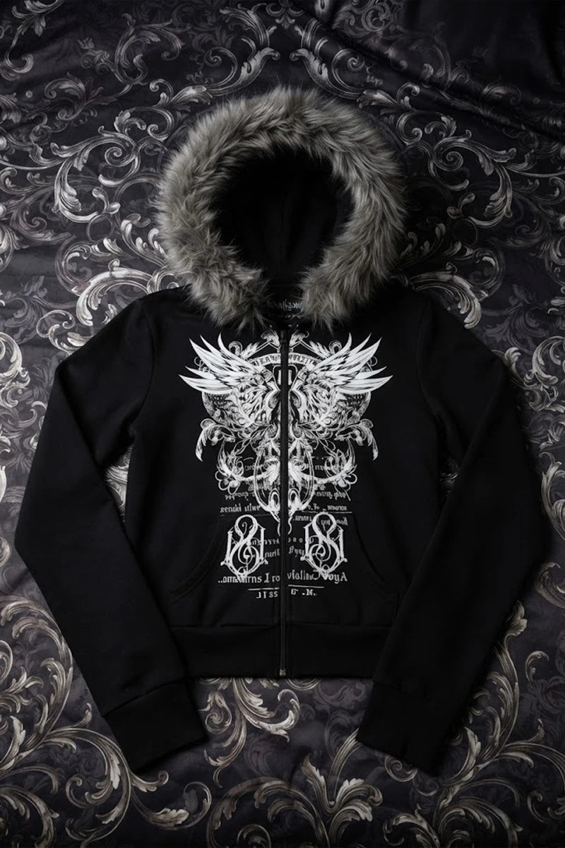 Siyah Kürklü Wings Motifli Gotik Y2K Crop Hırka