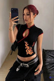 Siyah Mandarin Yaka Ejderha Motifli Vintage Qipao Y2K Kısa Kollu Crop