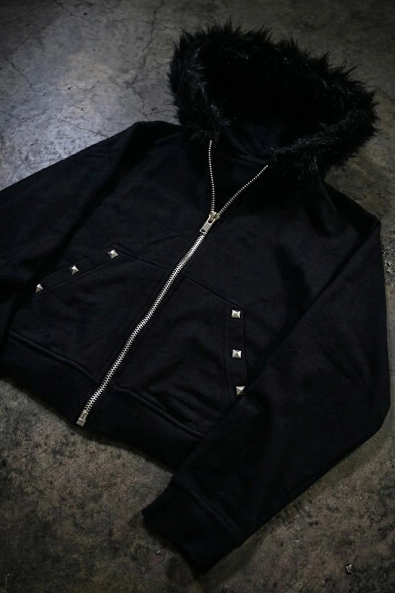 Siyah Piramit Detaylı Kürklü Kapüşonlu Unisex Hırka