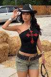 Siyah Red Cross Omuz Dekolteli Gotik Y2K Askılı Crop