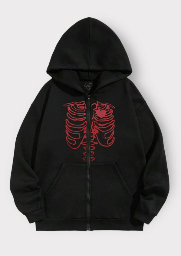 Siyah Rib Skeleton Unisex Kapüşonlu Fermuarlı Hırka