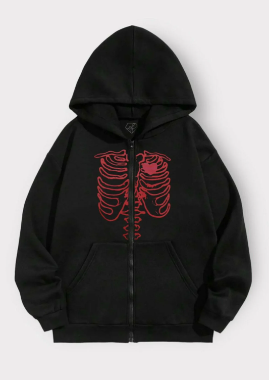 Siyah Rib Skeleton Unisex Kapüşonlu Fermuarlı Hırka