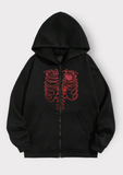 Siyah Rib Skeleton Unisex Kapüşonlu Fermuarlı Hırka