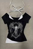 Siyah Sword Warriror Angel Madonna Yaka Ek Askılı Full Body Y2K Kısa Kollu Crop