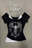Siyah Sword Warriror Angel Madonna Yaka Ek Askılı Full Body Y2K Kısa Kollu Crop