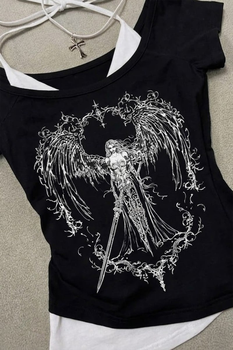 Siyah Sword Warriror Angel Madonna Yaka Ek Askılı Full Body Y2K Kısa Kollu Crop