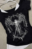 Siyah Sword Warriror Angel Madonna Yaka Ek Askılı Full Body Y2K Kısa Kollu Crop