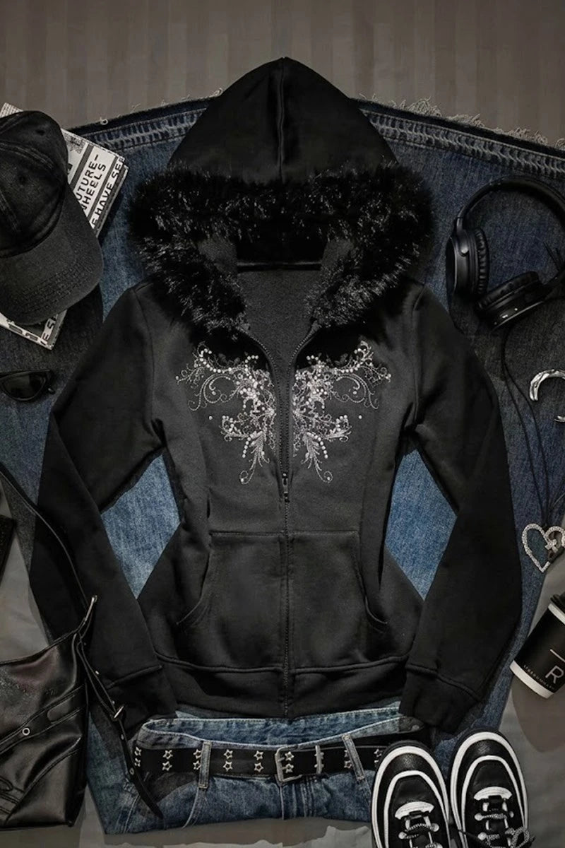Siyah Tribal Motifli Gotik Kürklü Y2K Crop Hırka