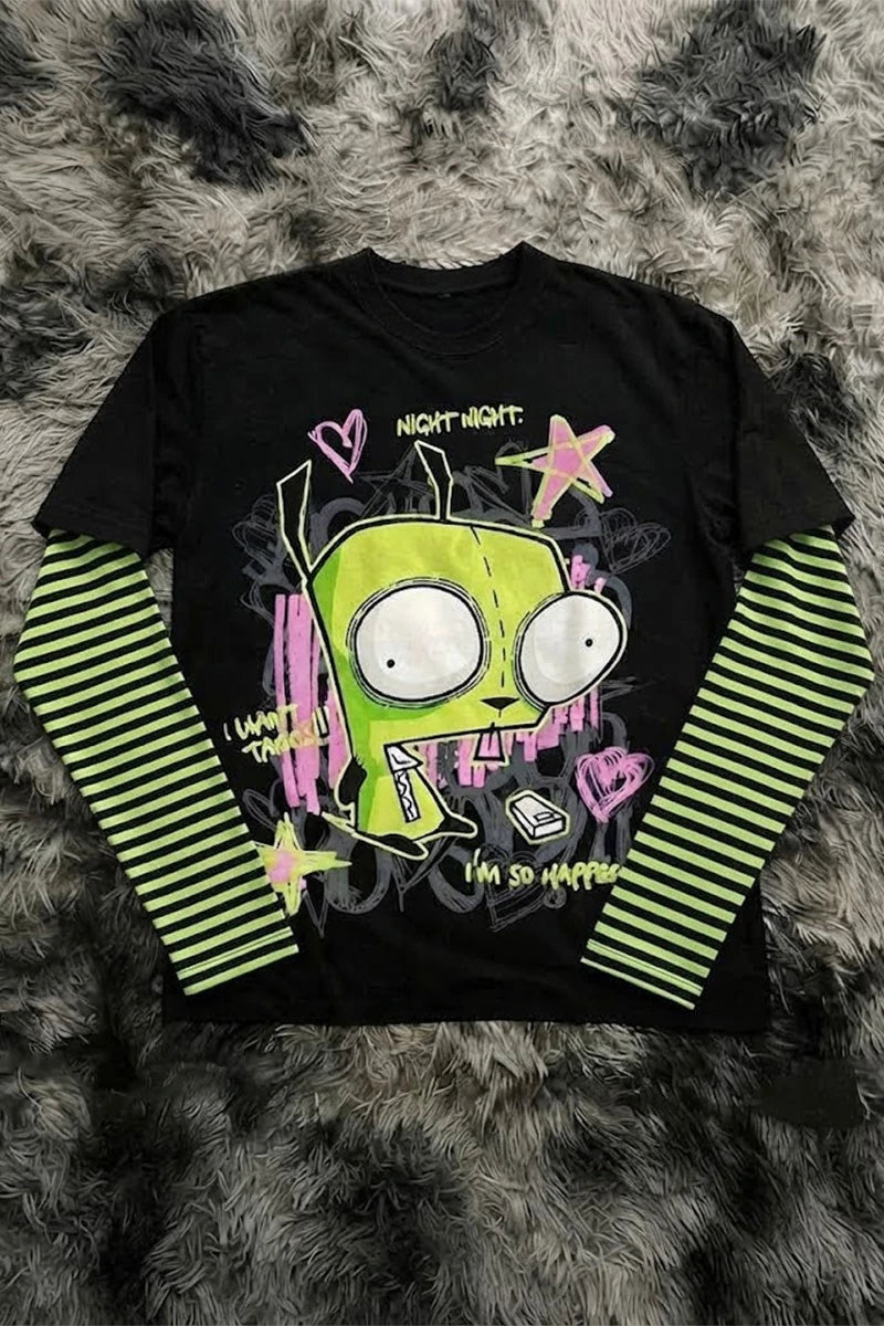 Siyah Yeşil Kollu Invader Zim GIR ''I'm So Happy'' Gotik Y2K Unisex Uzun Kollu T-Shirt