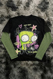 Siyah Yeşil Kollu Invader Zim GIR ''I'm So Happy'' Gotik Y2K Unisex Uzun Kollu T-Shirt