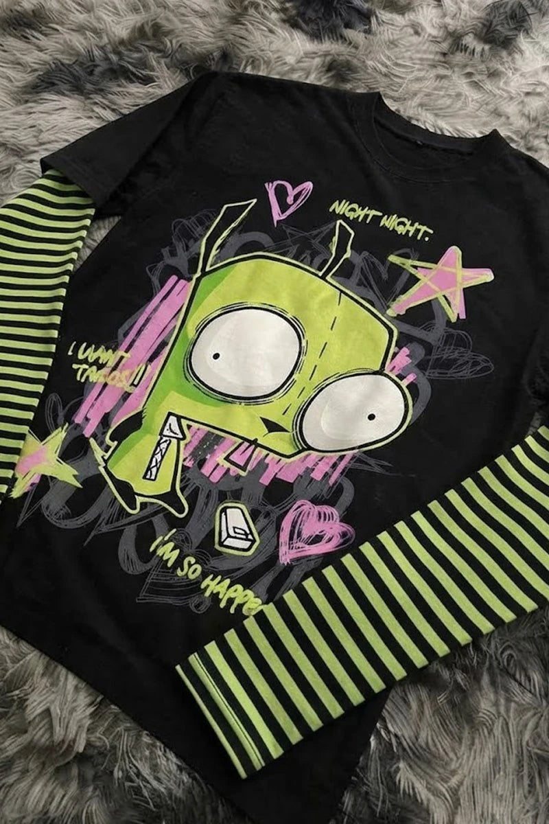 Siyah Yeşil Kollu Invader Zim GIR ''I'm So Happy'' Gotik Y2K Unisex Uzun Kollu T-Shirt