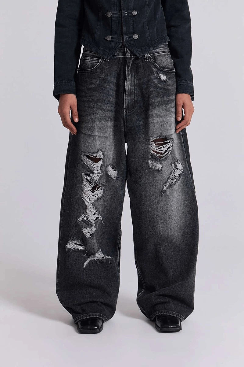 Siyah Yıkamalı Shadow Spine Yırtık Detaylı Gotik Y2K Unisex Baggy Pantolon