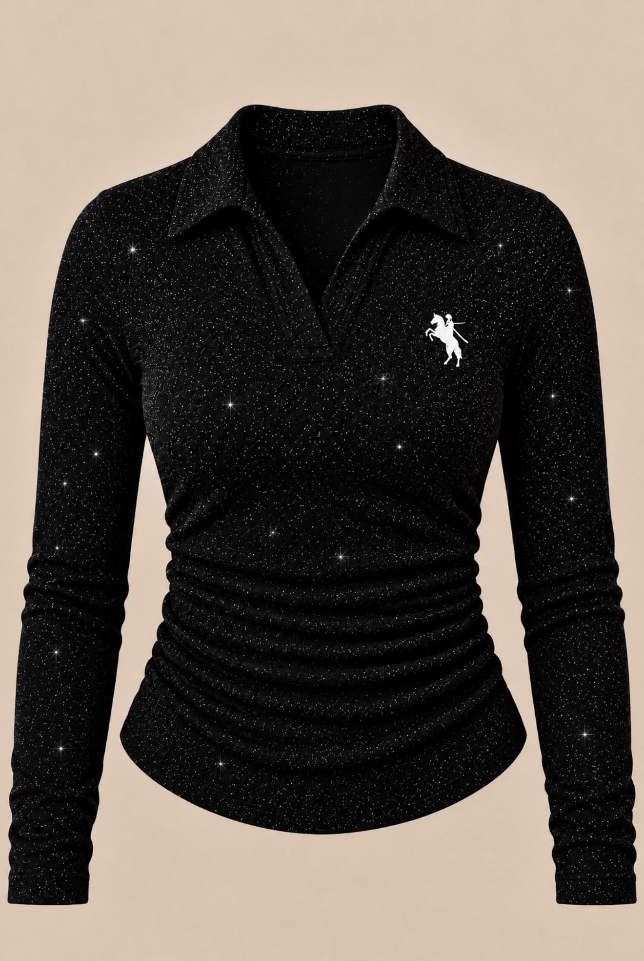 Polo Yaka Uzun Kol Simli , Nakış Detaylı ,Likralı Premium Body Bluz