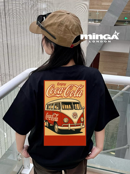 Unisex Siyah CocoCola Bus Bisiklet Yaka T-Shirt
