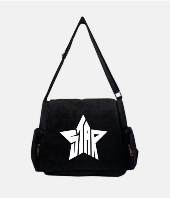 Siyah White Star Baskılı Postacı Çantası