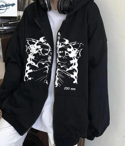 Skeleton Baskılı Oversize Fermuarlı Siyah Unisex Kapüşonlu Hırka