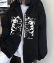 Skeleton Baskılı Oversize Fermuarlı Siyah Unisex Kapüşonlu Hırka