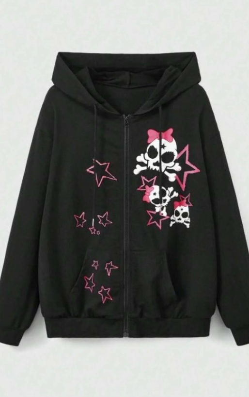 Skull Punk Baskılı Oversize Fermuarlı Siyah Unisex Kapüşonlu Hırka