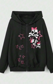 Skull Punk Baskılı Oversize Fermuarlı Siyah Unisex Kapüşonlu Hırka