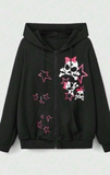 Skull Punk Baskılı Oversize Fermuarlı Siyah Unisex Kapüşonlu Hırka