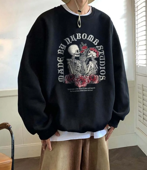 Skulls In Love Baskılı Siyah Unisex Oversize Bisiklet Yaka Sweatshirt