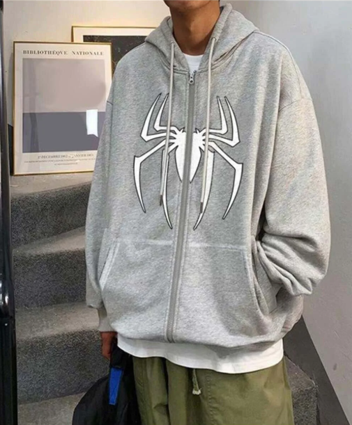 Spider Baskılı Oversize Fermuarlı Gri Unisex Kapüşonlu Hırka