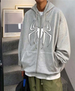 Spider Baskılı Oversize Fermuarlı Gri Unisex Kapüşonlu Hırka