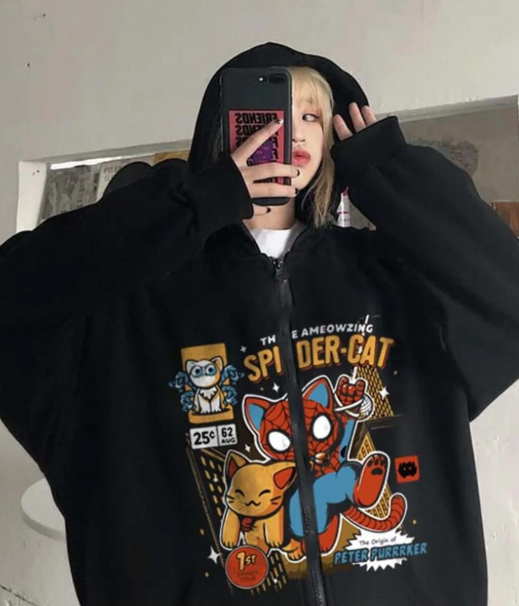 Spider-Cat Baskılı Oversize Fermuarlı Siyah Unisex Kapüşonlu Hırka