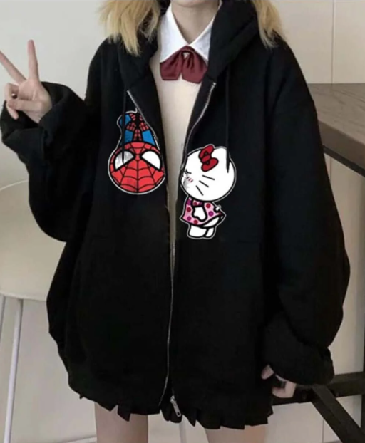 Spider-Man & Hello Kitty Baskılı Oversize Fermuarlı Siyah Unisex Kapüşonlu Hırka