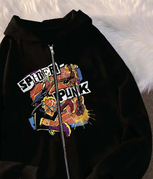 Spider Punk Baskılı Oversize Fermuarlı Siyah Unisex Kapüşonlu Hırka