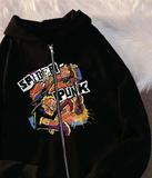 Spider Punk Baskılı Oversize Fermuarlı Siyah Unisex Kapüşonlu Hırka