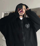 Spider Web Heart Baskılı Oversize Fermuarlı Siyah Unisex Kapüşonlu Hırka