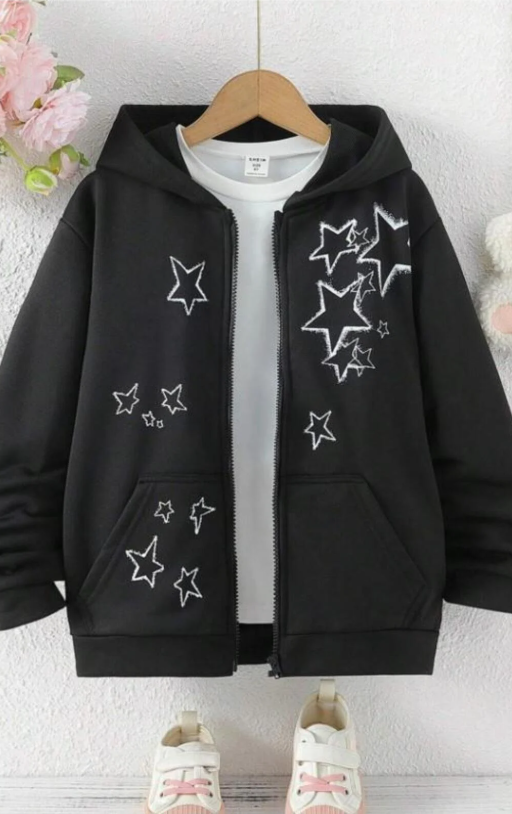 Star Baskılı Oversize Fermuarlı Siyah Unisex Kapüşonlu Hırka